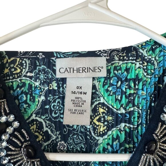 CATHERINES Women SZ 0X(14/16W) Accordion Pleat Tunic Top Bell Sleeve Embellished - Picture 3 of 12